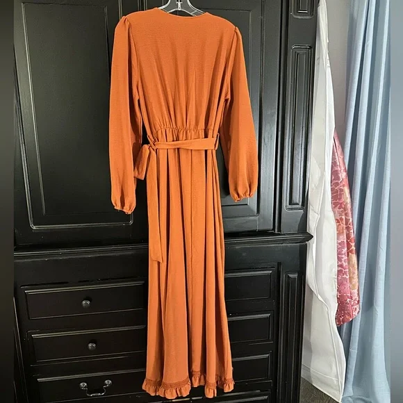 Orange Wrap v-neck ruffle dress with Bishop Sleeves - Picture 3 of 3